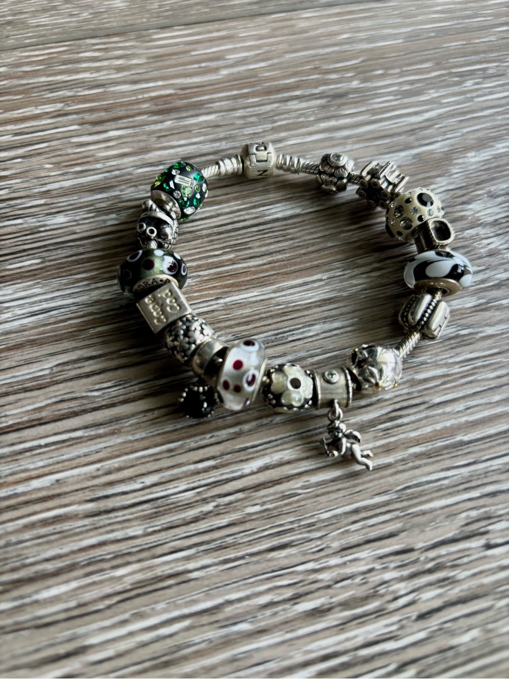 Pandora Silver Charm Bracelet with Black, White & Green Accents